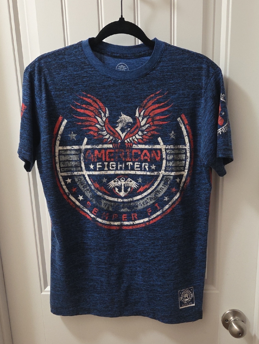 American Fighter Navy Heather Tee with Red and White Graphic